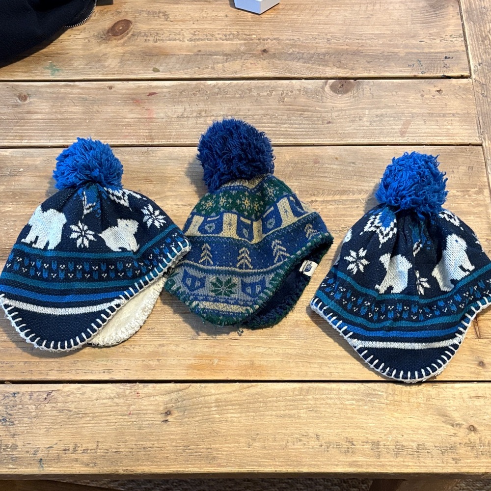 3x The North Face Kids' Blue Knit Hat with Pom-Pom